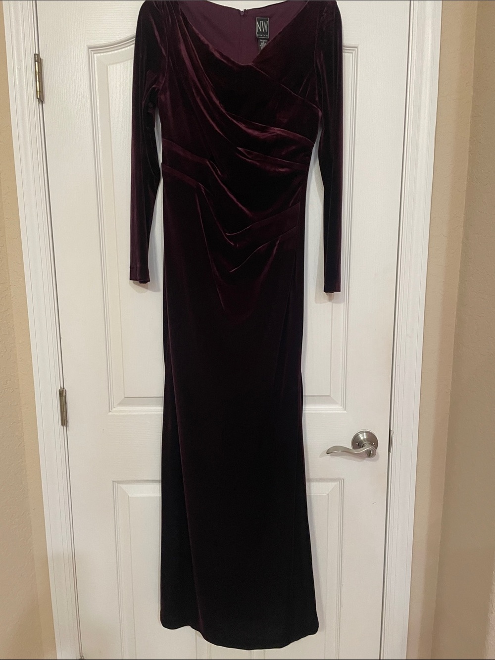 Night Way Collections Velvet Long Sleeve Wrap Gown in Deep Plum